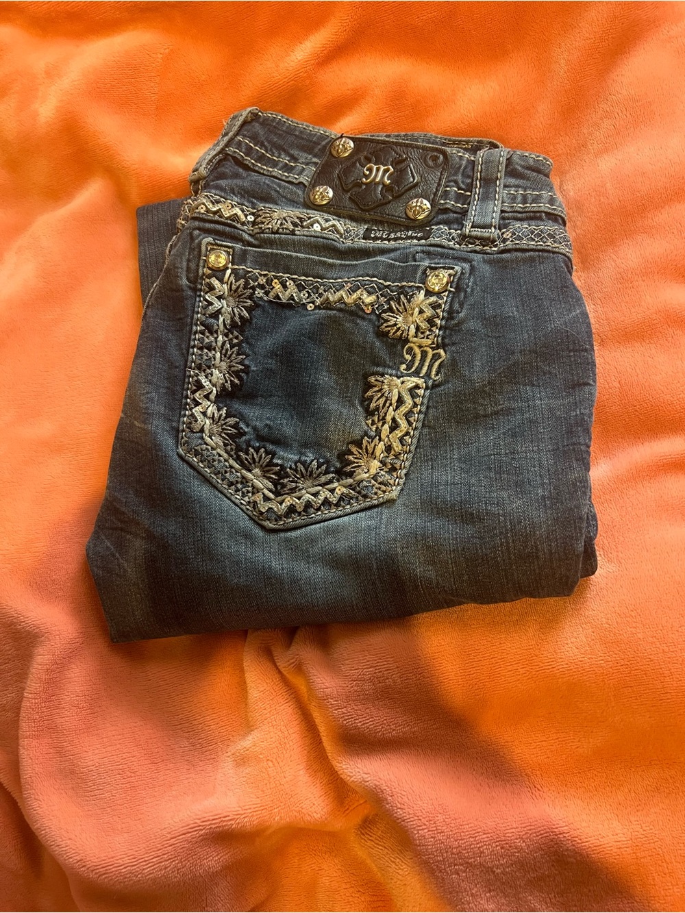 Miss Me Dark Blue Embroidered Pocket Boot Cut Jeans